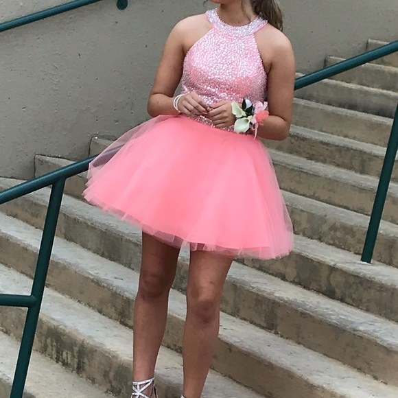 Formal prom dress is size 8 neon coral orange peach with open back. 2 piece - Picture 10 of 16